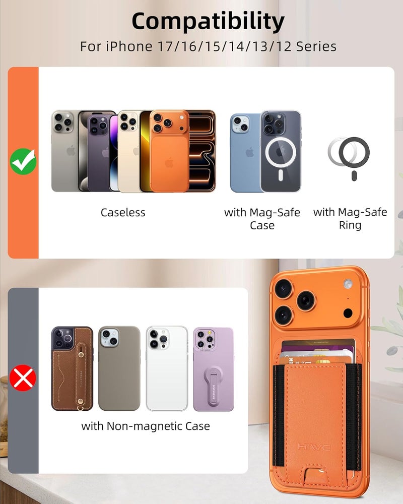 HiWe for MagSafe Wallet, Stronger Magnetic Wallet for iPhone 17/16/15/14/13/12 Series, 7 Cards Holder, Vegan Leather Minimalist Slim RFID, 1 Slot, Cosmic Orange & Black - Image 4